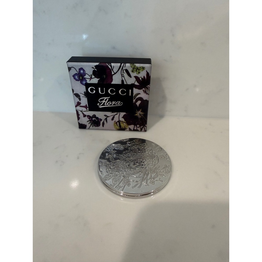 Gucci Flora Silver Tone Embossed Floral Compact Mirror with Original Box